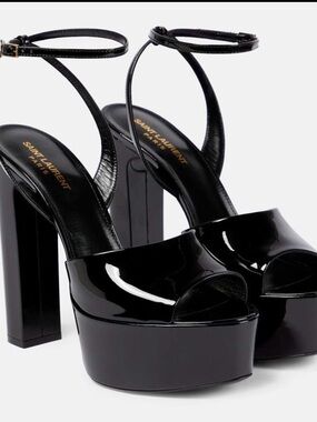 Saint Laurent Black Patent Platform Peep-Toe Sandals with Ankle Strap
